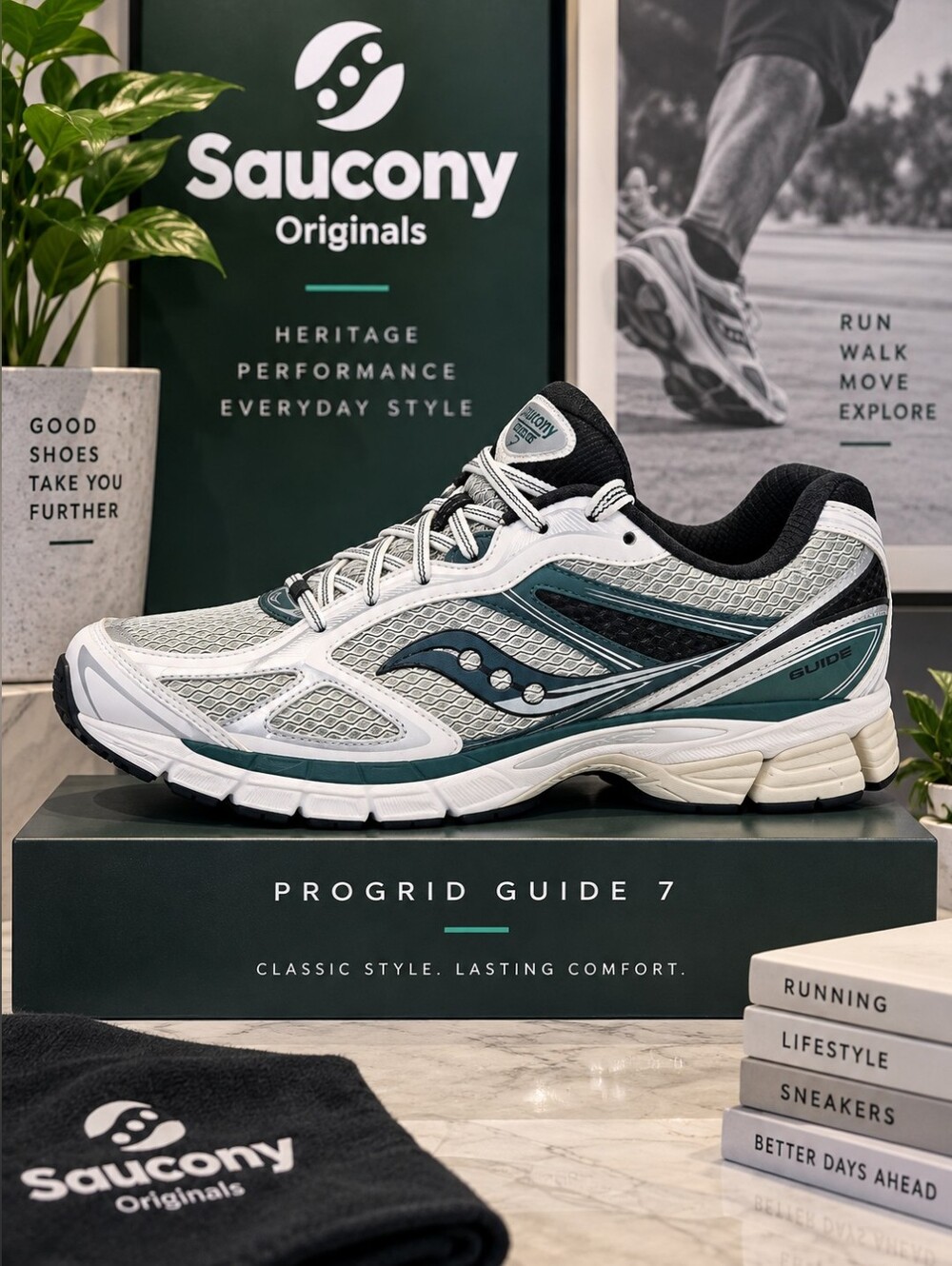 Saucony Originals ProGrid Guide 7 White/Pine Sneakers – Men’s 11 / Women’s 12.5